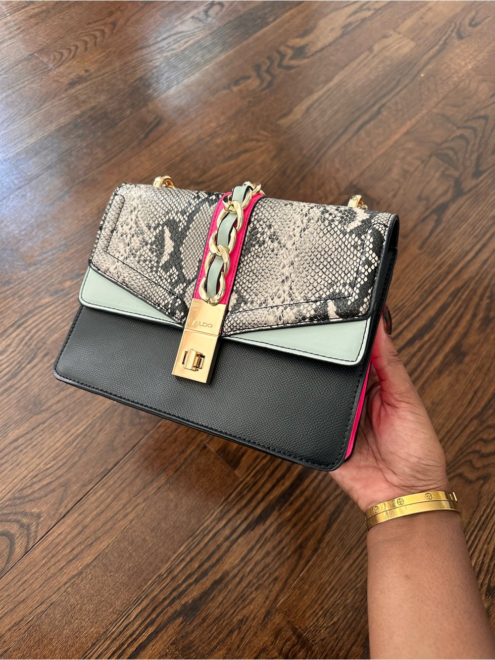 ALDO Black, Snake-Print & Mint Chain Shoulder Bag with Pink Trim